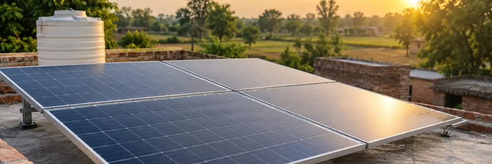 A Span Styles rooftop solar array at sunset