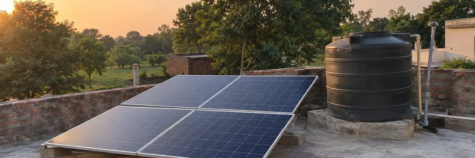A Span Styles rooftop solar array beside a water tank at sunset