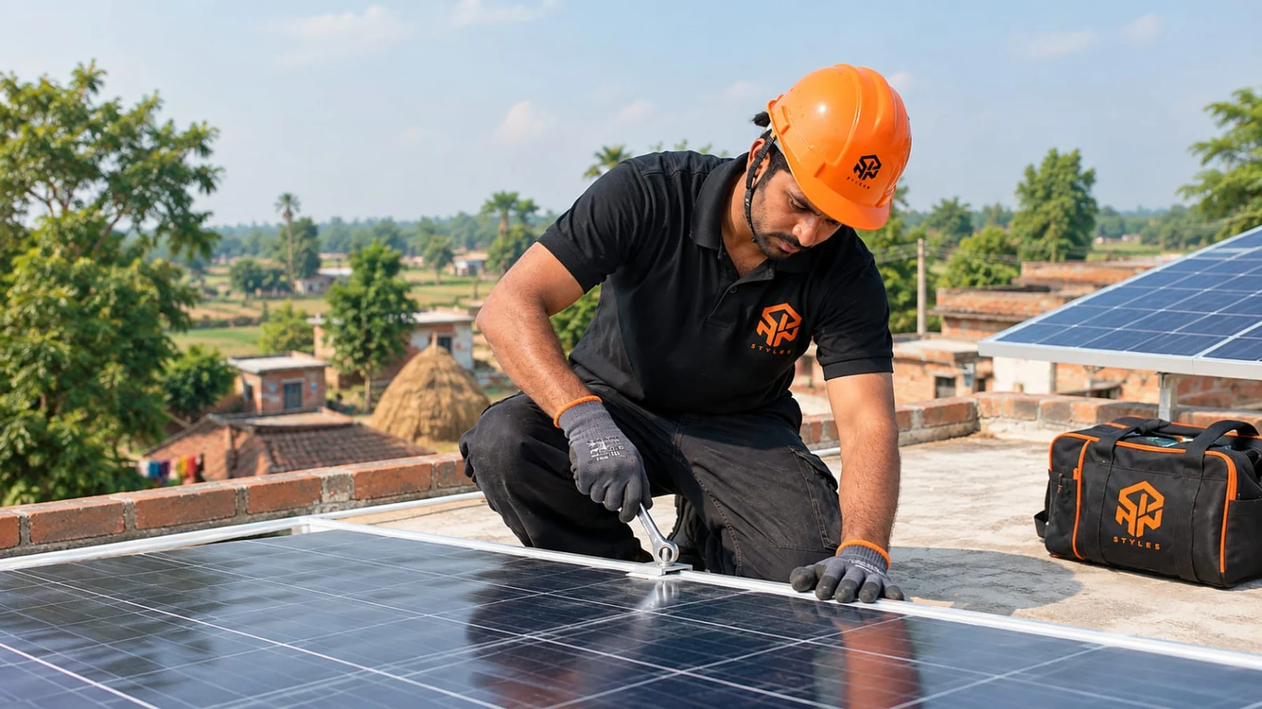 A Span Styles technician fixing a rooftop solar panel at a customer home in Bihar